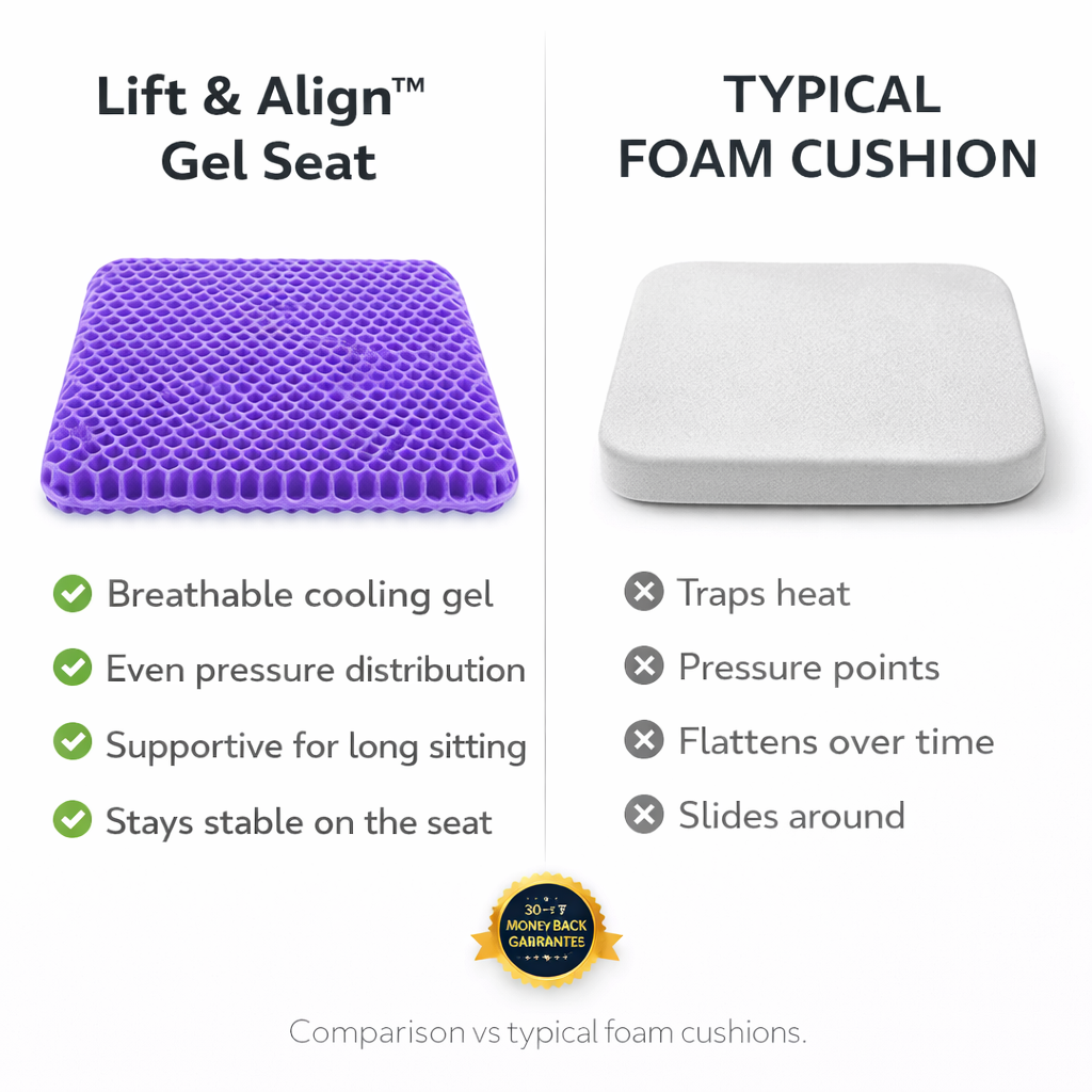 Aurenza Shop Lift & Align™ Gel Seat showing ergonomic design and cushioned surface for comfort and support.