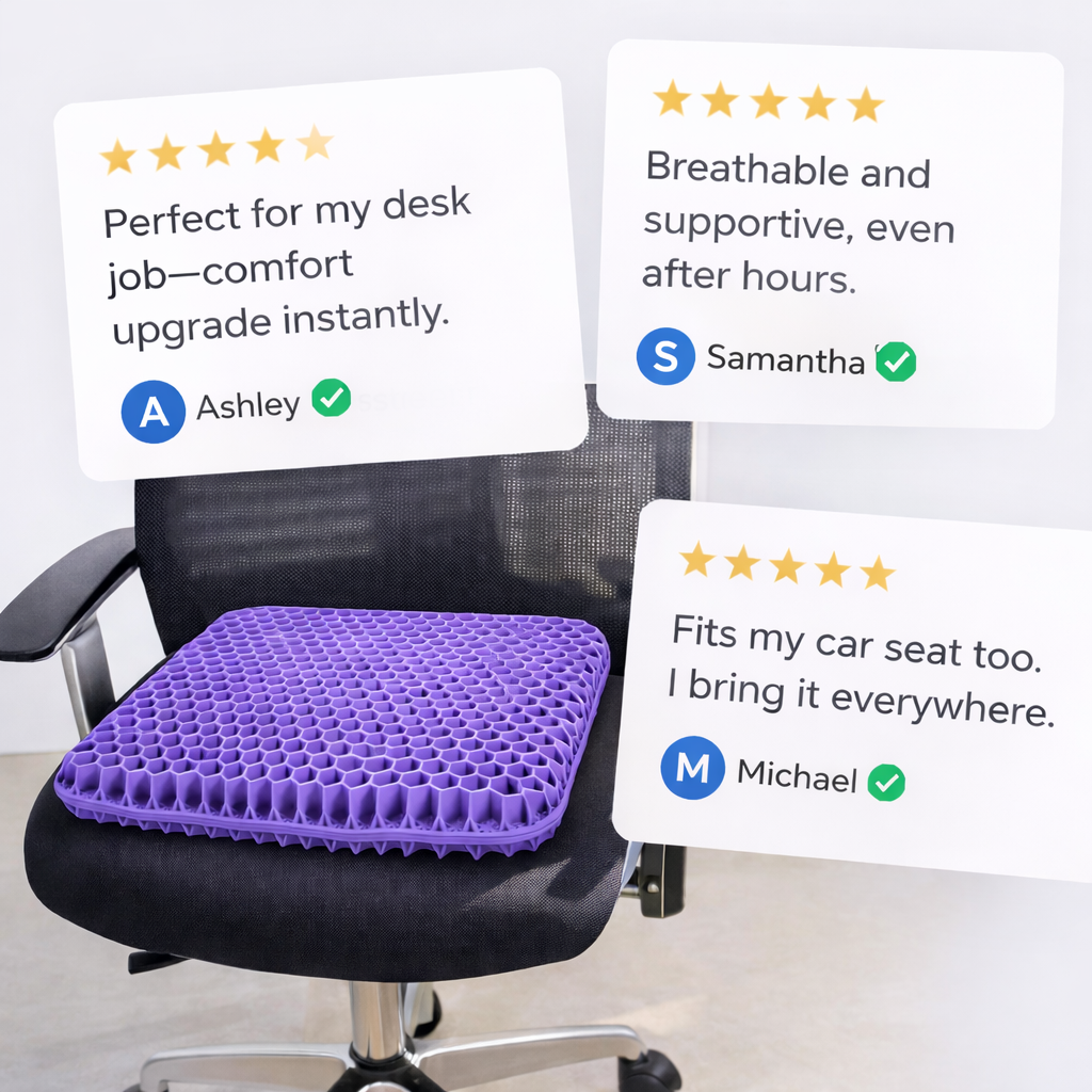 Aurenza Shop Lift & Align™ Gel Seat cushion with ergonomic design and breathable cover for comfort and support.