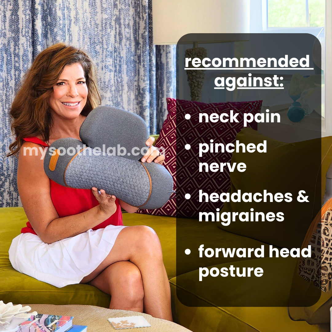 Aurenza Therava™ 3-in-1 neck massager with ergonomic design and adjustable straps, shown in use on a person's neck.