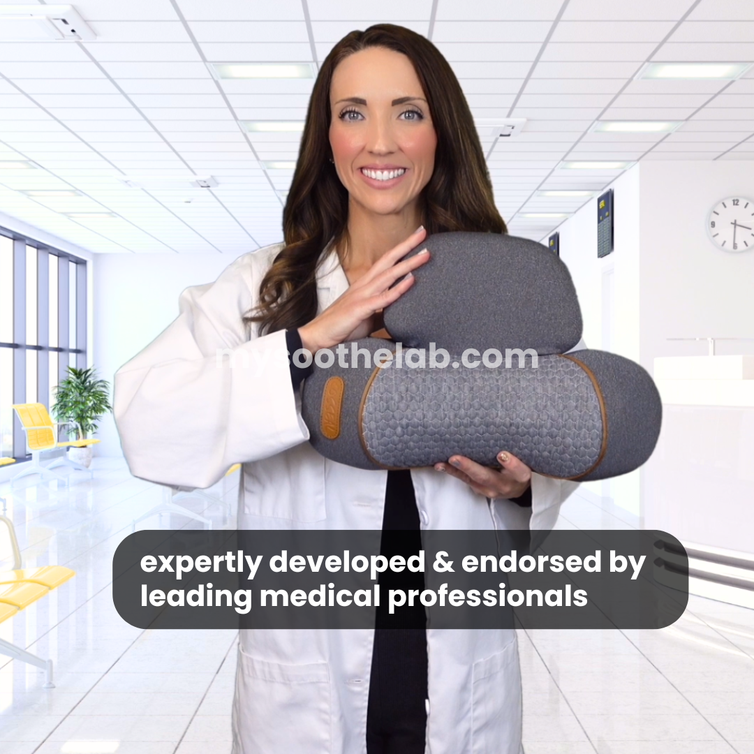 Aurenza Therava™ 3-in-1 neck massager with adjustable straps and built-in rollers for soothing neck relaxation.
