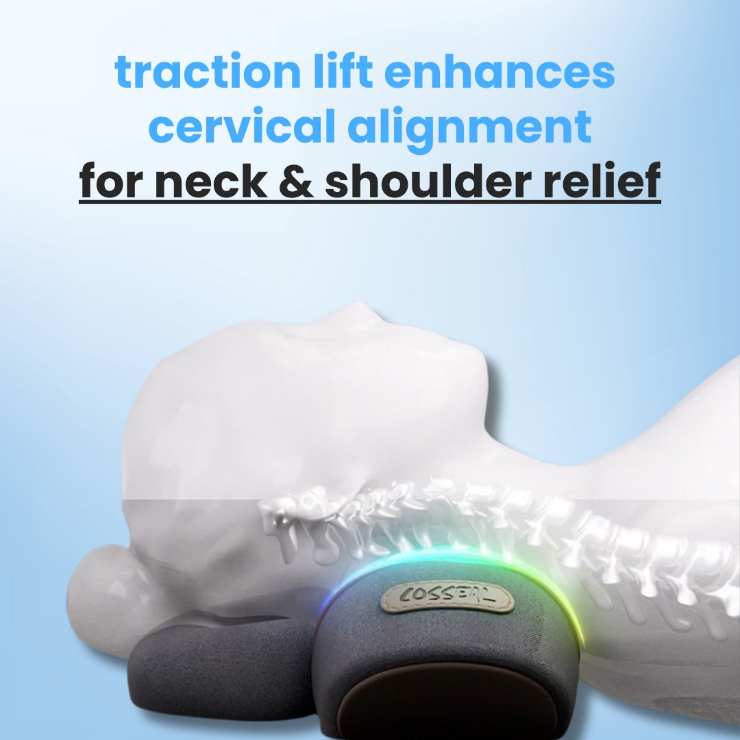 Aurenza Therava™ 3-in-1 Neck Massager with traction lift feature showing a sleek black device on a person's neck for relief and relaxation