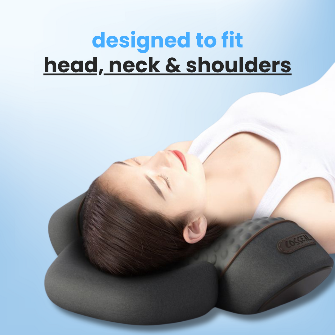 Aurenza Therava™ 3-in-1 neck massager fitting head, neck, and shoulders with ergonomic design and adjustable settings.