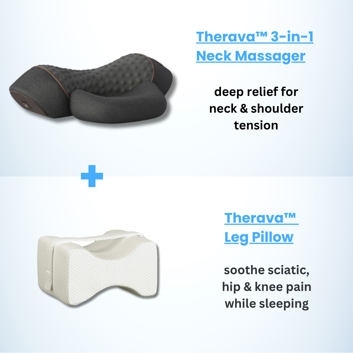 Aurenza Therava 3-in-1 neck massager with leg pillow, showing the versatile design and plush fabric for relaxation.