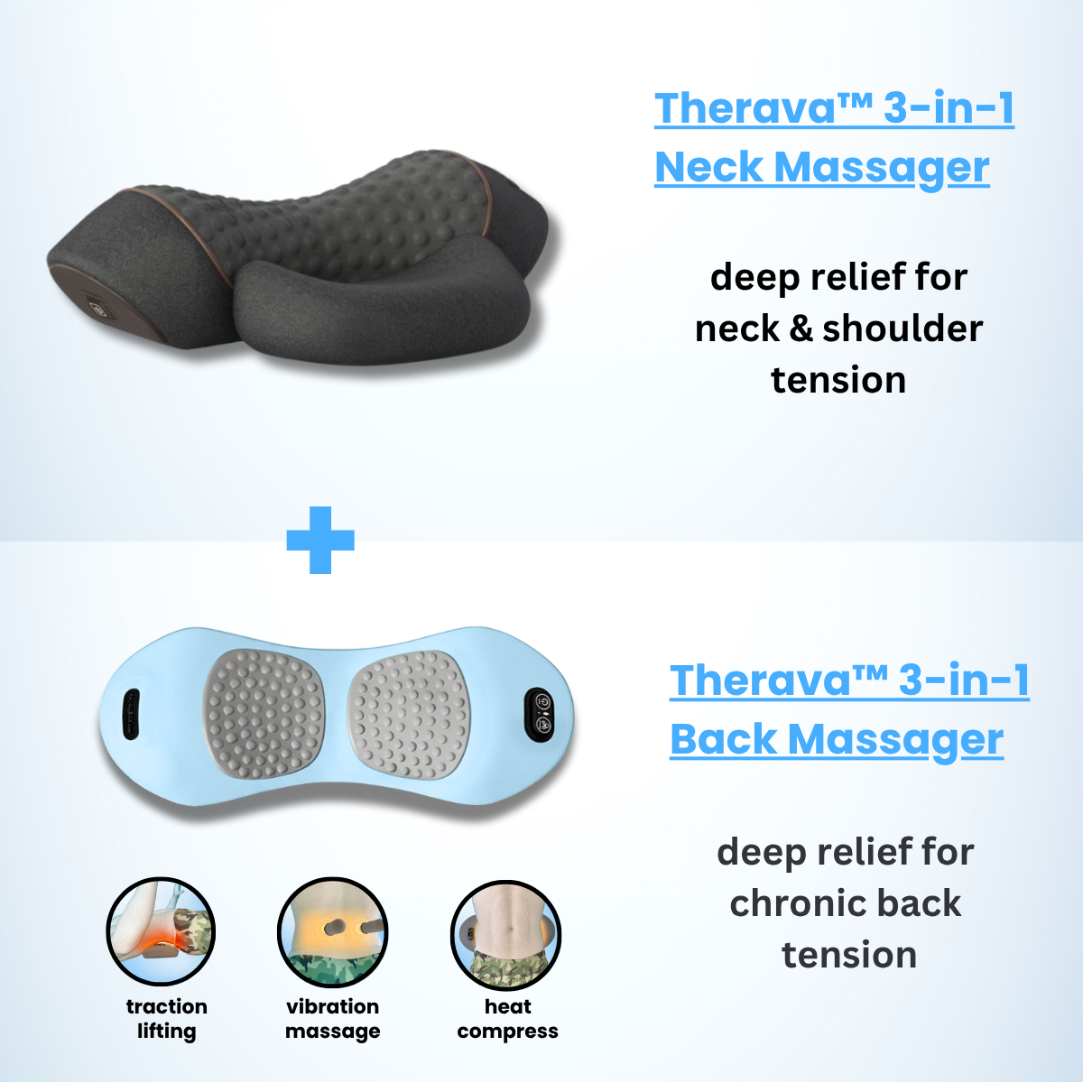 A blue Therava™ 3-in-1 neck massager with back massage features, showcasing its ergonomic design and adjustable straps.