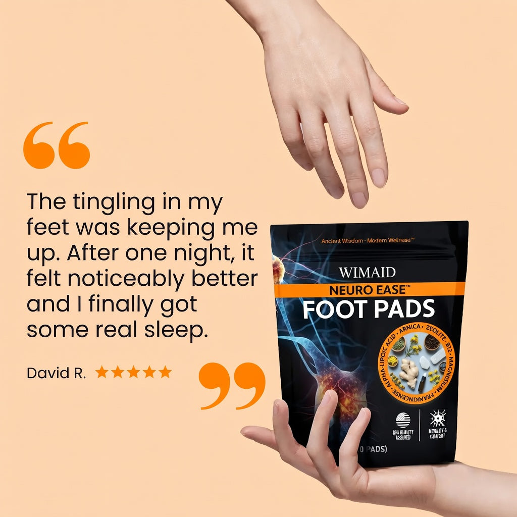 A set of WIMAID™ Wellness Foot Pads from Aurenza Shop arranged on a white background, showcasing the product packaging and pads.