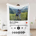 Custom music and photo blanket by Aurenza Shop featuring personalized fabric with musical notes and photo prints.