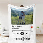 Custom music and photo blanket by Aurenza Shop featuring personalized fabric with musical notes and photo prints.