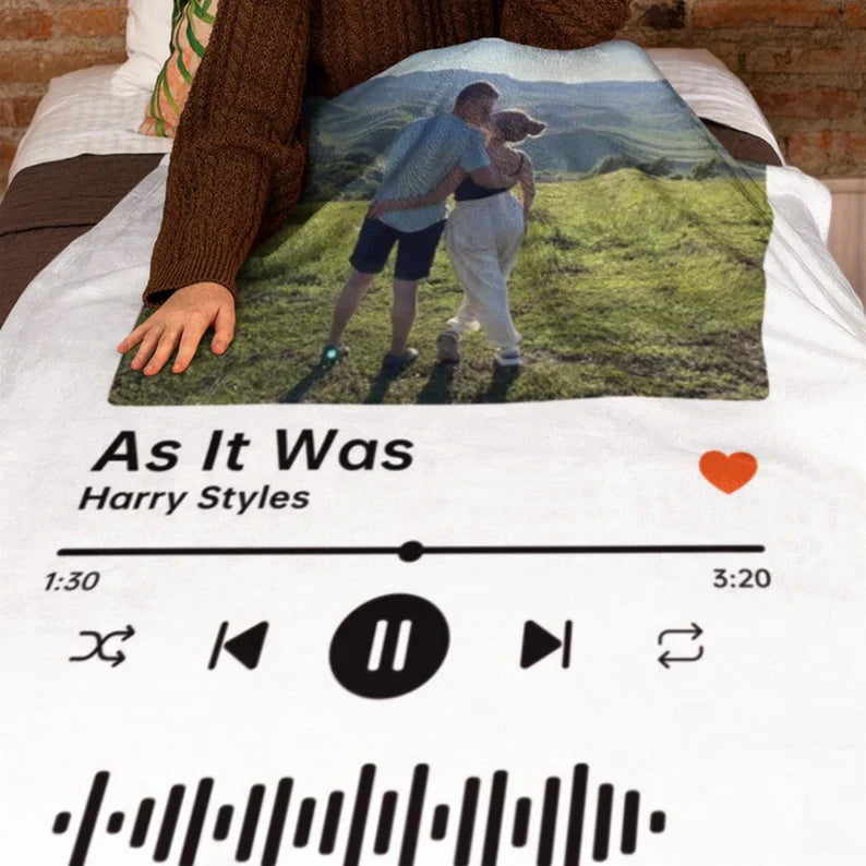Custom music and photo blanket by Aurenza Shop featuring a cozy, personalized blanket with musical notes and photo prints.