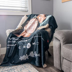 Custom music and photo blanket by Aurenza Shop featuring a personalized design with musical notes and photos on soft fabric.