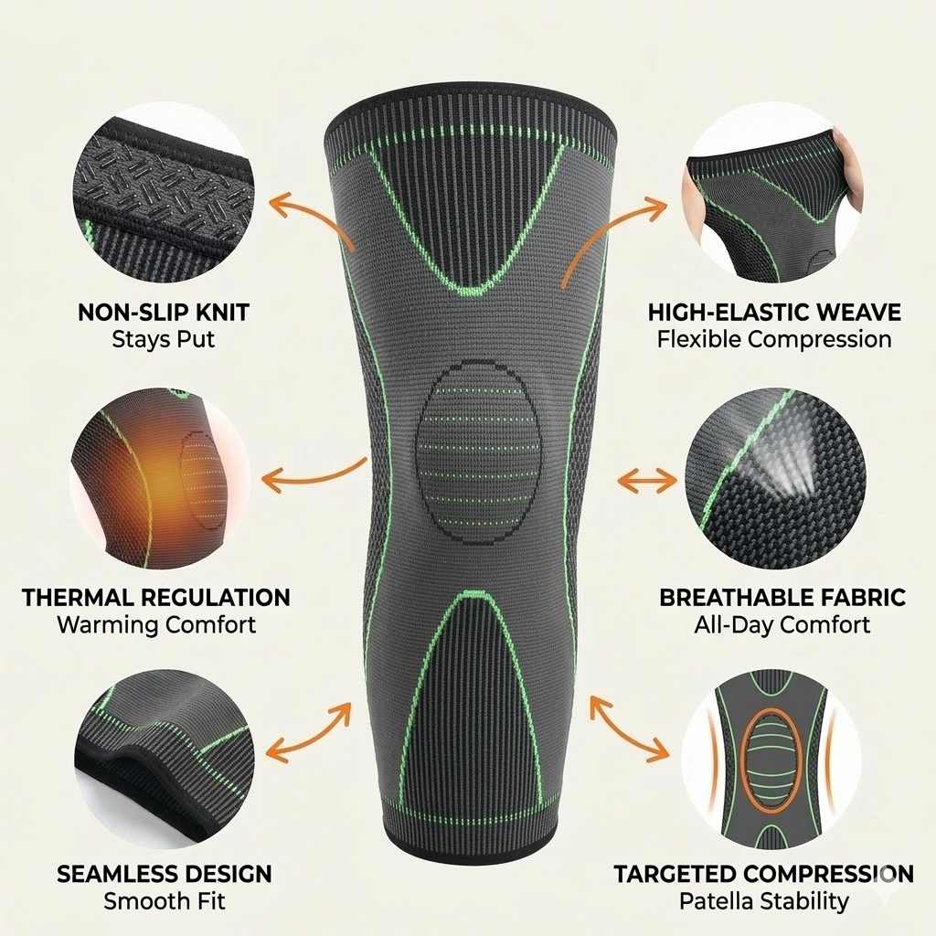 Aurenza Shop non-slip compression knee sleeve for running and gym support, shown in black with a snug fit around the knee.