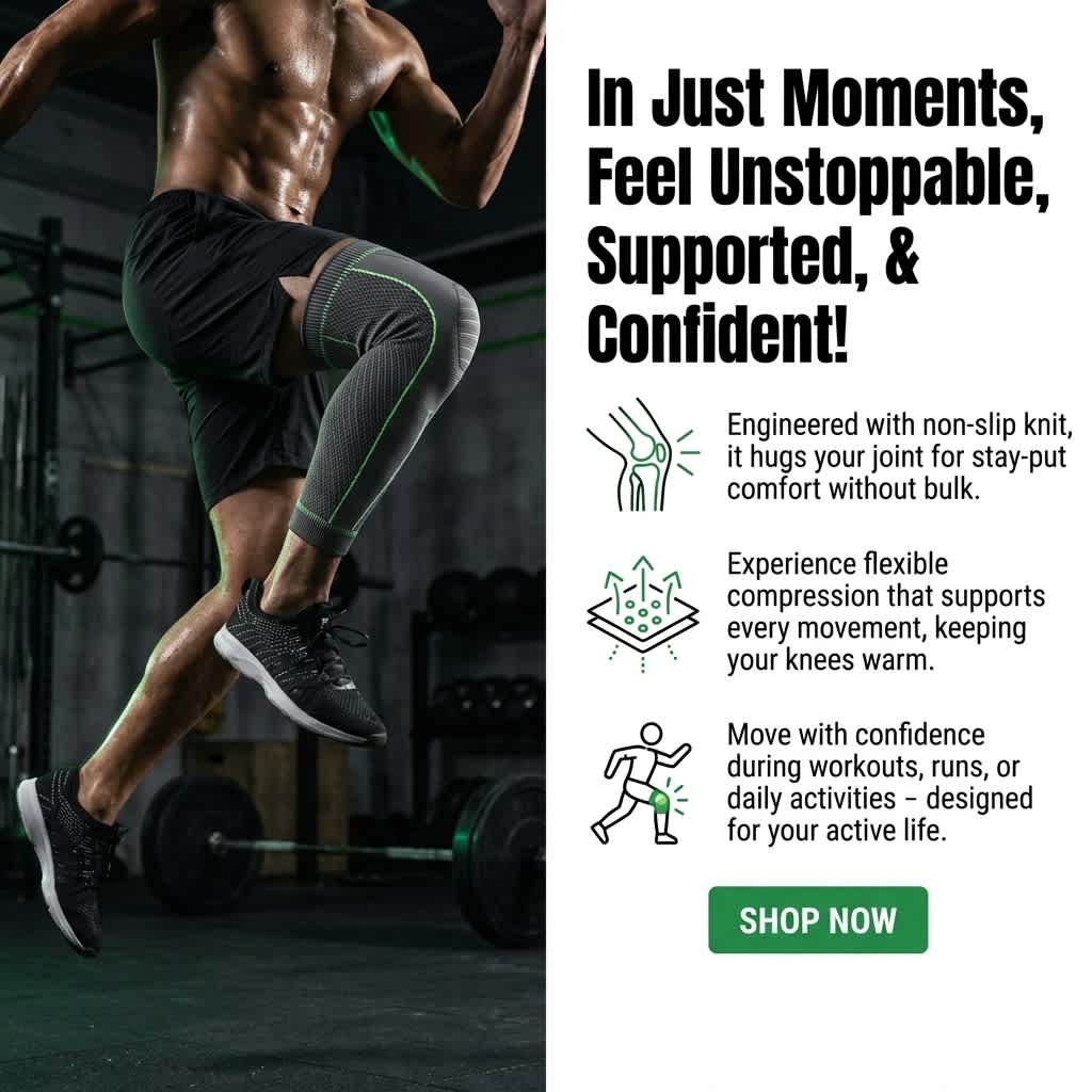 Aurenza Shop non-slip compression knee sleeve for running and gym support, shown on a person's knee for stability and comfort.