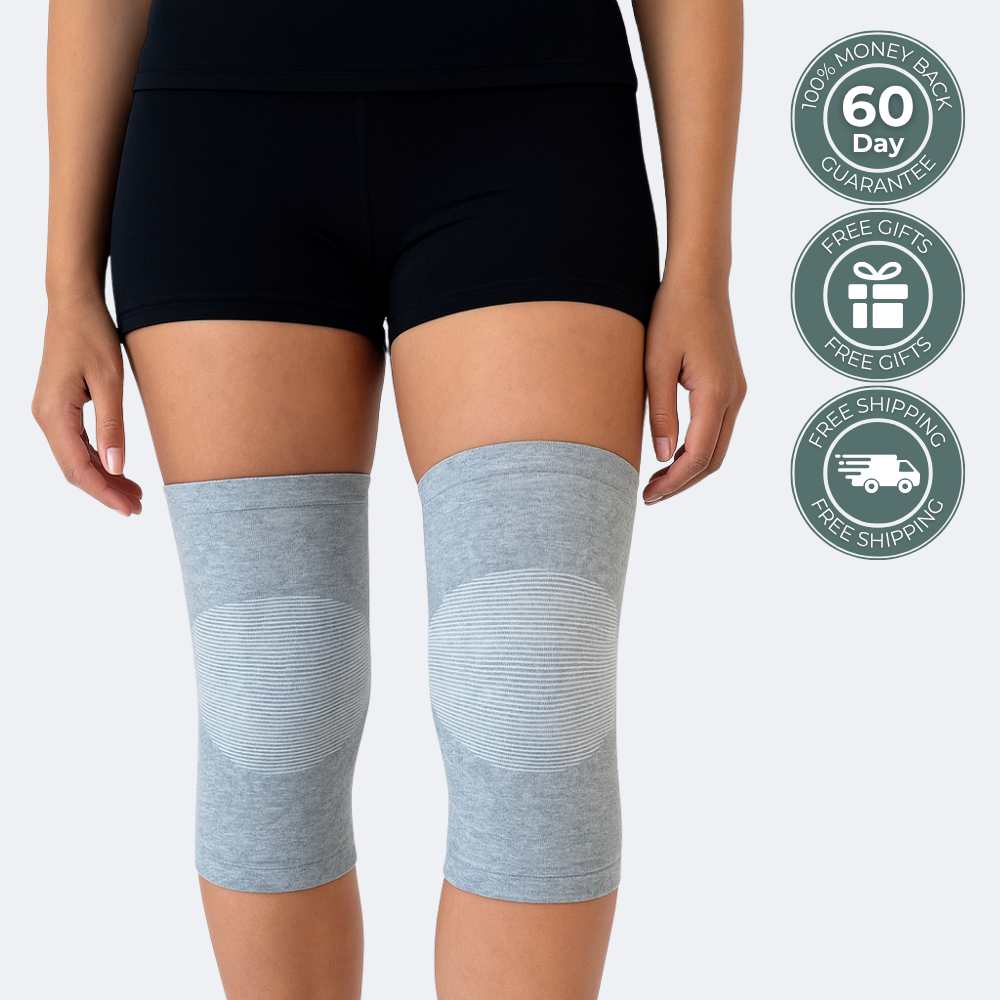 Pair of Aurenza Shop StayFlex™ Bamboo Compression Sleeves for knees, shown in natural beige bamboo fabric, designed for support.