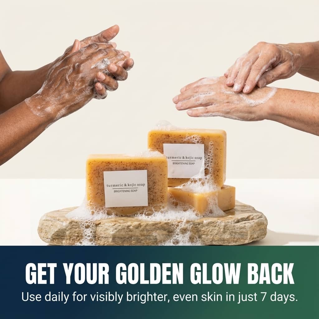 Aurenza Shop turmeric and kojic acid soap bar for body and face, showing a rectangular soap with turmeric and kojic ingredients.