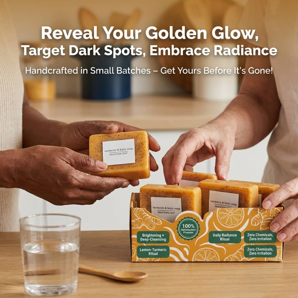 Aurenza Shop turmeric and kojic acid soap bar for body and face, with a white and yellow soap bar on a neutral background.