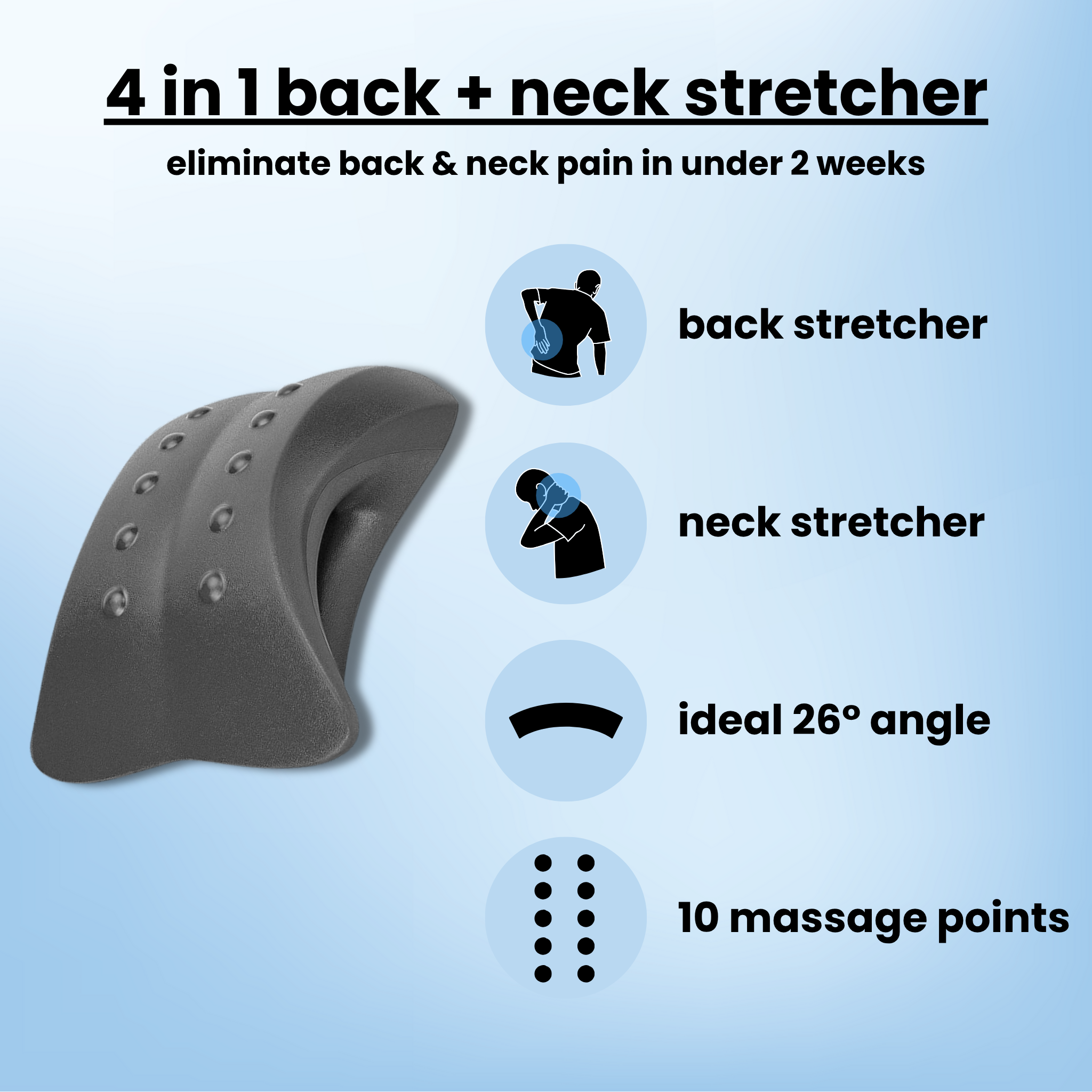 Aurenza Therava™ 4-in-1 back and neck stretcher in black, designed to relieve tension and improve posture.