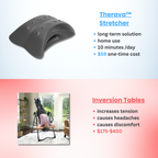 A Therava™ Stretcher and inversion tables side by side, illustrating their differences for back pain relief and spinal therapy.