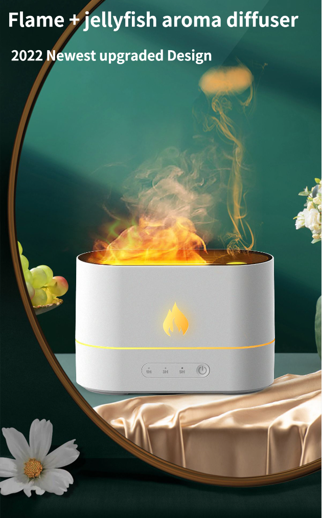 Screenshot of HumidiFire™ by Aurenza Shop, showing the sleek, modern design of the humidifier with digital controls and a transparent water tank.