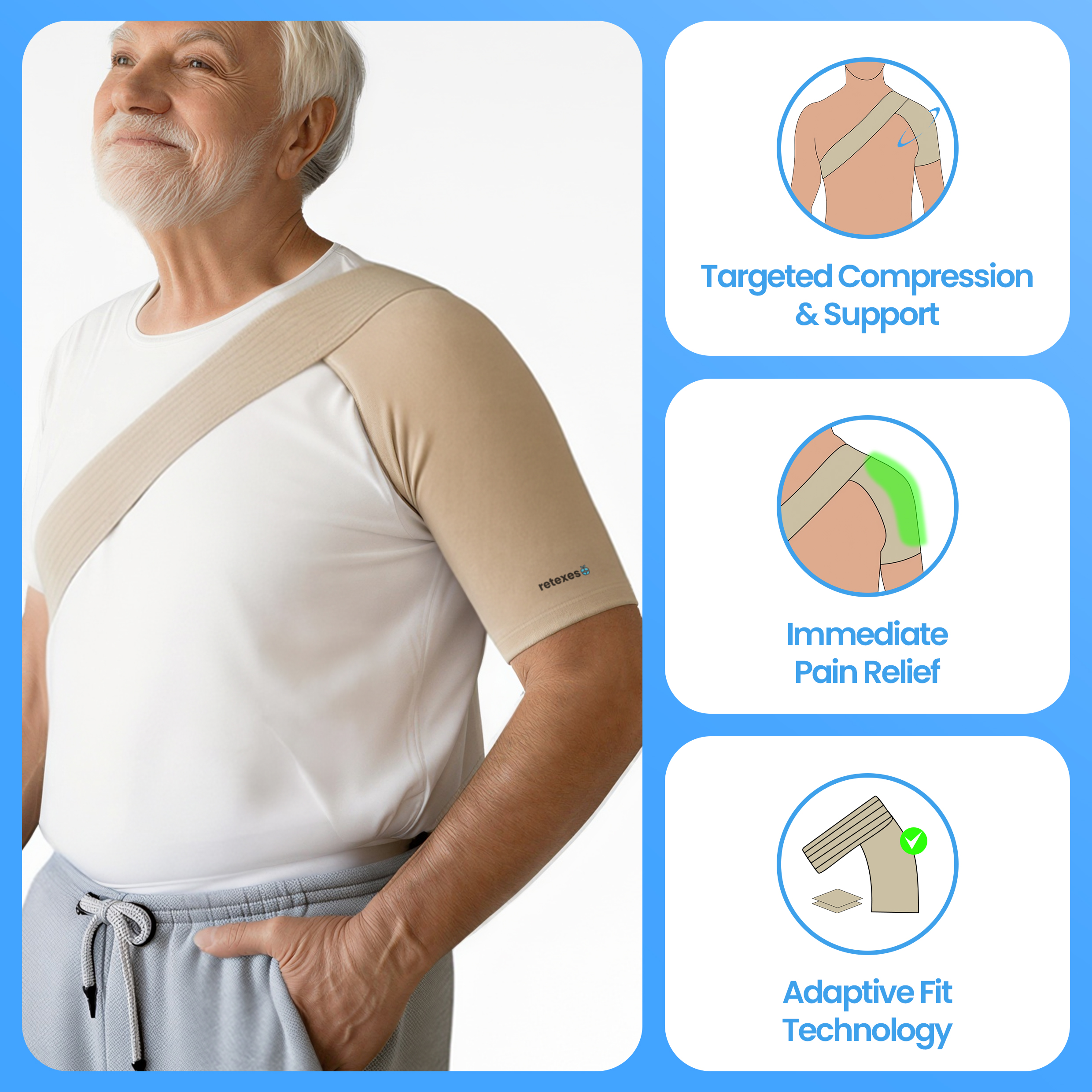 Aurenza Shop Retexes® Compression Shoulder Sleeve showing a snug, supportive fit on a person's shoulder for injury relief and stability.