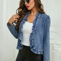 Arenzza open-front denim jacket with ruffle trim, blue wash, breathable fabric, no buttons, stylish and versatile for casual wear.