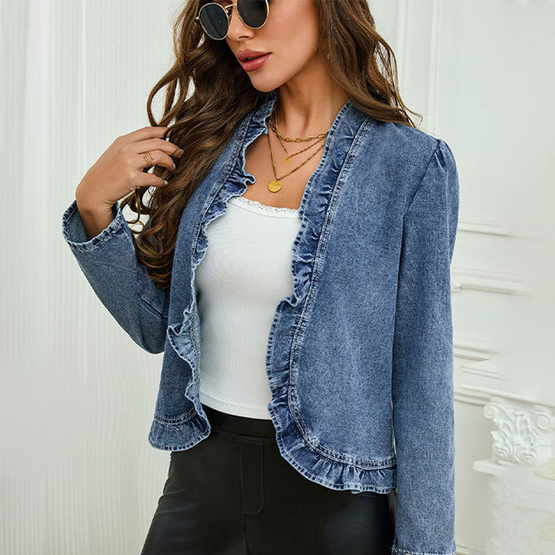 Arenzza open-front denim jacket with ruffle trim, blue wash, breathable fabric, no buttons, stylish and versatile for casual wear.