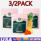 Serenzza Vital Source Feminine Balance Gummies in Hawaiian Pineapple flavor, showing colorful gummy bottles and pineapple slices.