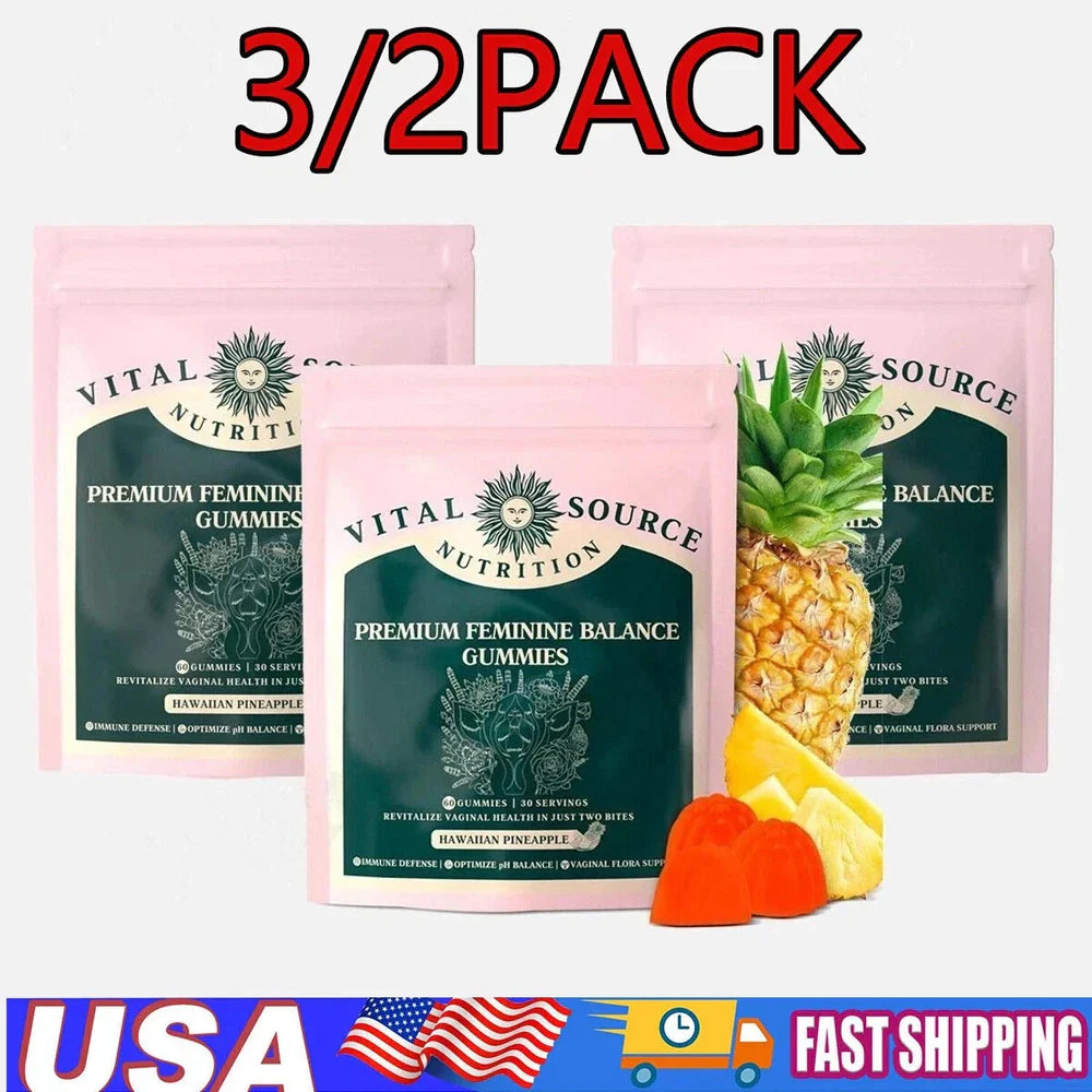 Serenzza Vital Source Feminine Balance Gummies in Hawaiian Pineapple flavor, showing colorful gummy bottles and pineapple slices.