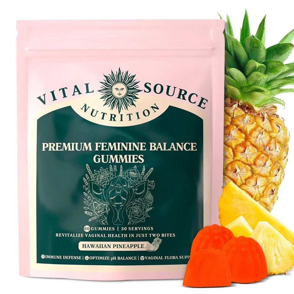 Serenzza Vital Source Feminine Balance Gummies in Hawaiian Pineapple flavor, showing the colorful gummy bottles and fresh fruit.