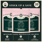 Serenzza Vital Source Feminine Balance Gummies in Hawaiian Pineapple flavor, showing a close-up of the gummies in a clear container.