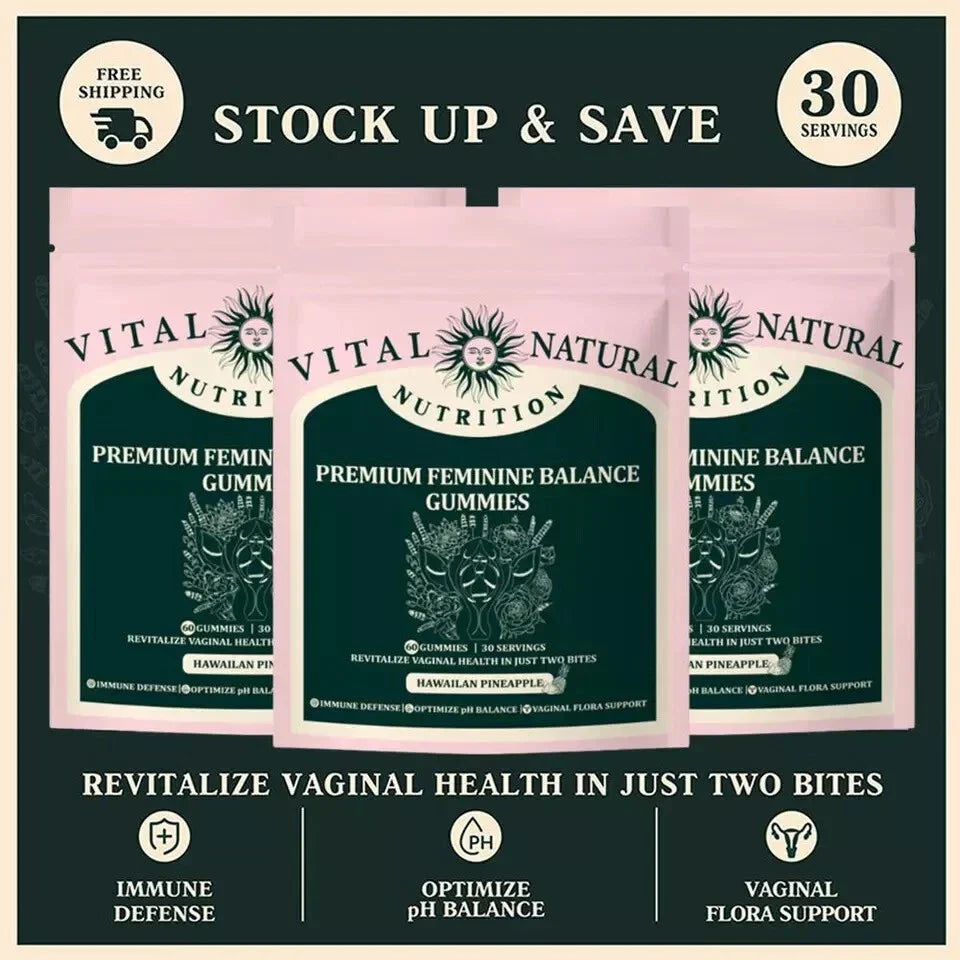 Serenzza Vital Source Feminine Balance Gummies in Hawaiian Pineapple flavor, showing a close-up of the gummies in a clear container.