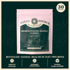 Serenzza Vital Source Feminine Balance Gummies in Hawaiian Pineapple flavor, displayed in a clear container with gummies visible inside.