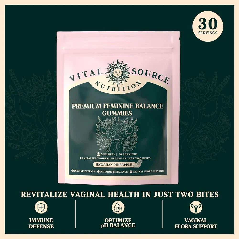 Serenzza Vital Source Feminine Balance Gummies in Hawaiian Pineapple flavor, displayed in a clear container with gummies visible inside.