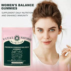 Serenzza Vital Source Feminine Balance Gummies in Hawaiian Pineapple flavor, featuring colorful gummy shapes on a white background.