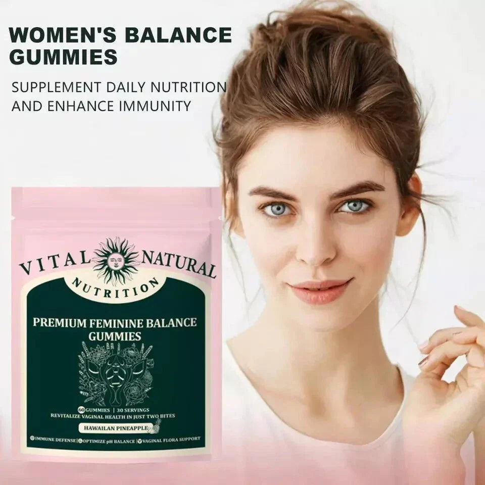 Serenzza Vital Source Feminine Balance Gummies in Hawaiian Pineapple flavor, featuring colorful gummy shapes on a white background.