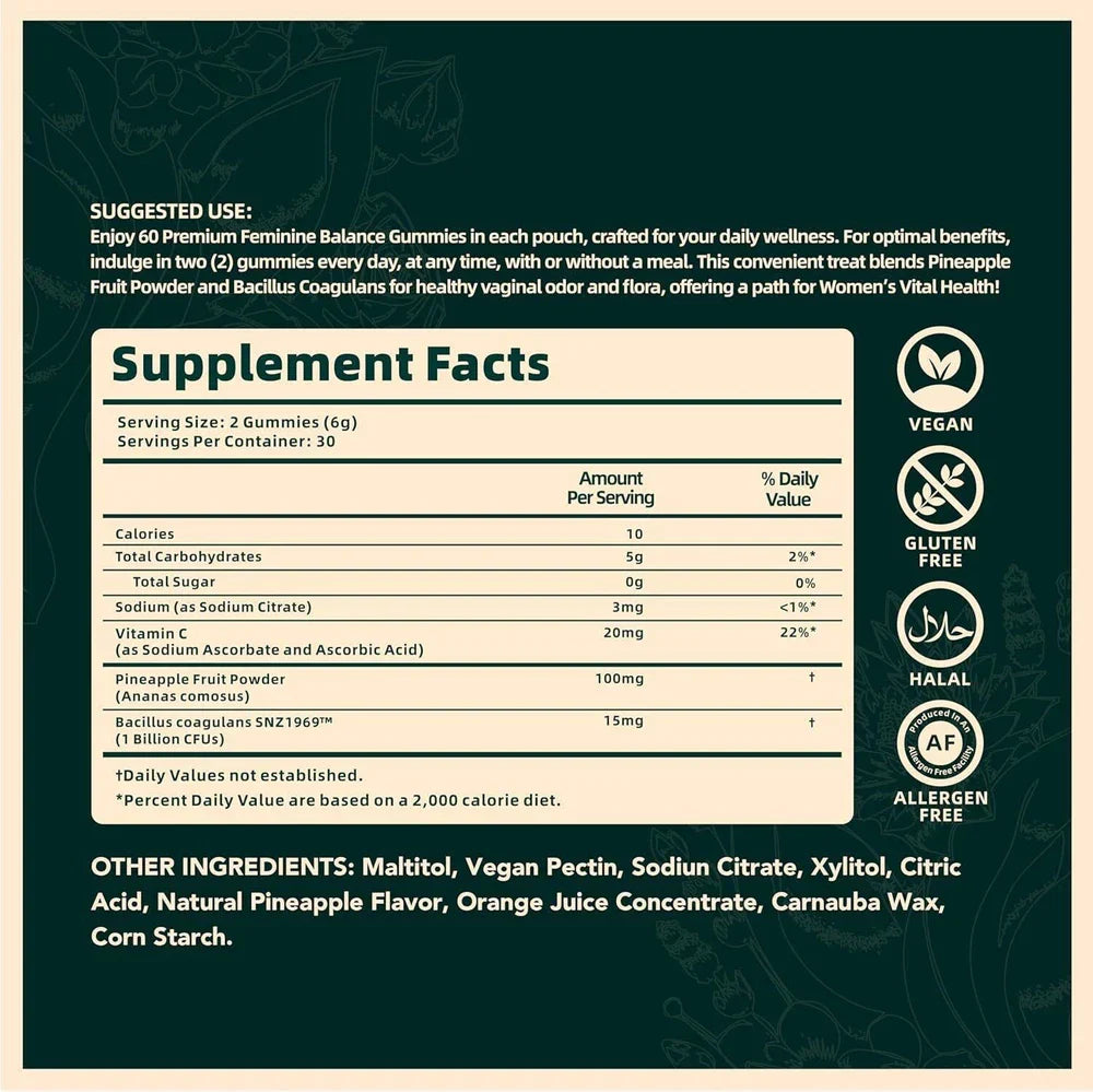 Serenzza Vital Source Feminine Balance Gummies in Hawaiian Pineapple flavor, showing the colorful gummy bottles and gummies inside.