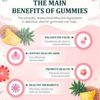 Serenzza Vital Source Feminine Balance Gummies in pineapple flavor, showing the colorful gummy bottles and vibrant packaging.
