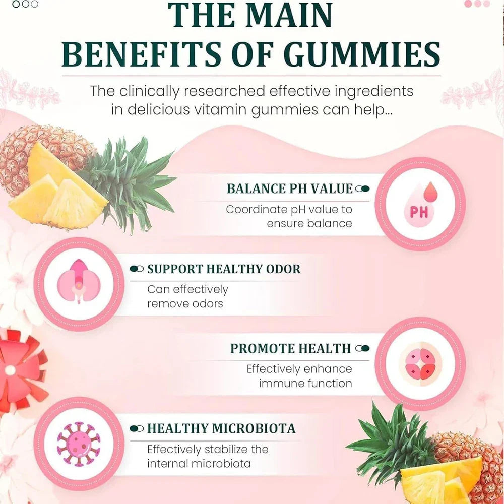 Serenzza Vital Source Feminine Balance Gummies in pineapple flavor, showing the colorful gummy bottles and vibrant packaging.