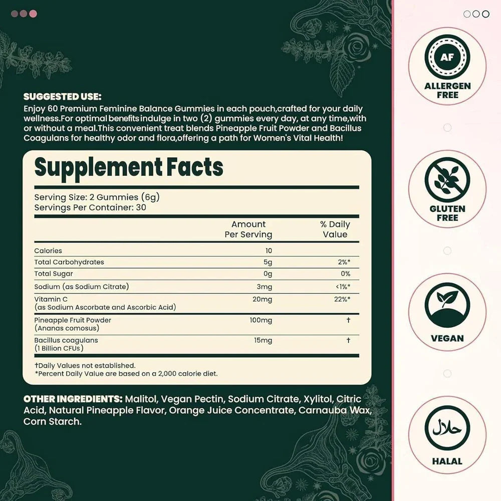 Serenzza Vital Source Feminine Balance Gummies in Hawaiian Pineapple flavor, showing two bottles with colorful gummies inside.