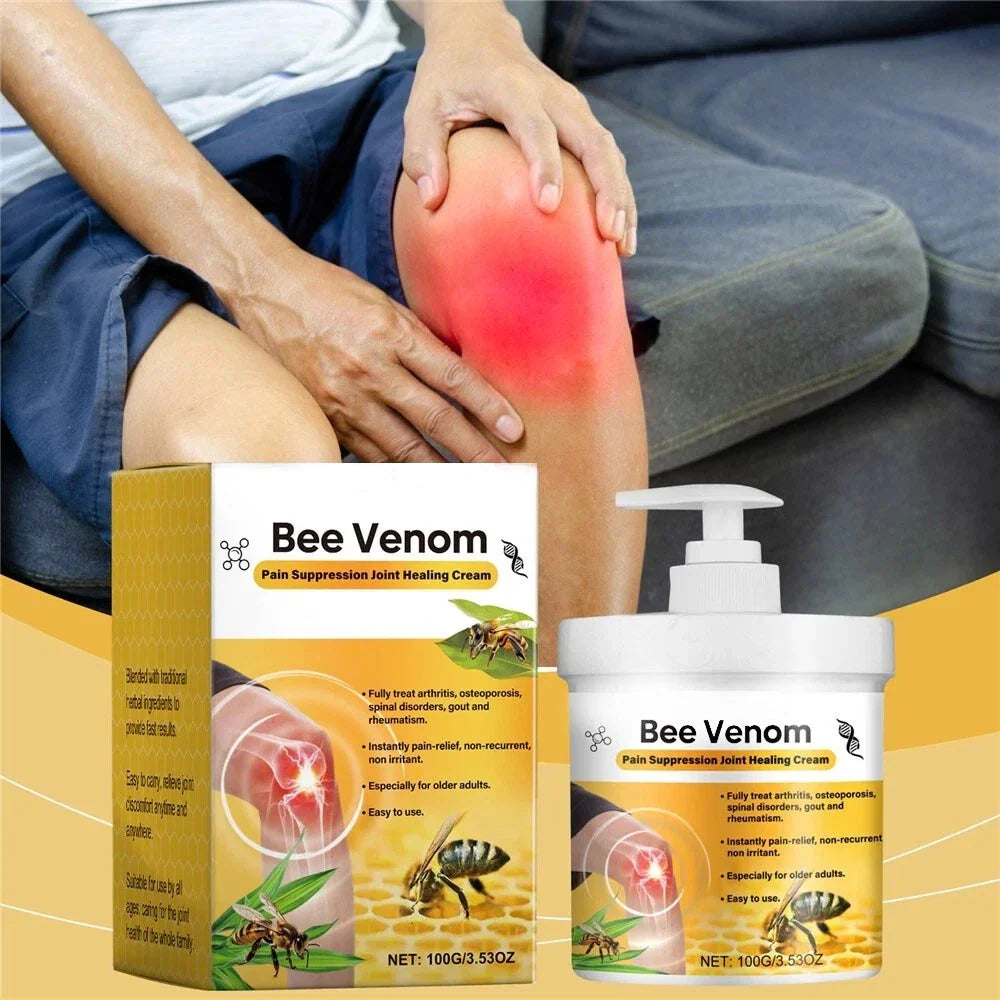 Serenzza bee venom joint pain relief cream for men and women, showing the cream tube with natural ingredients and packaging.