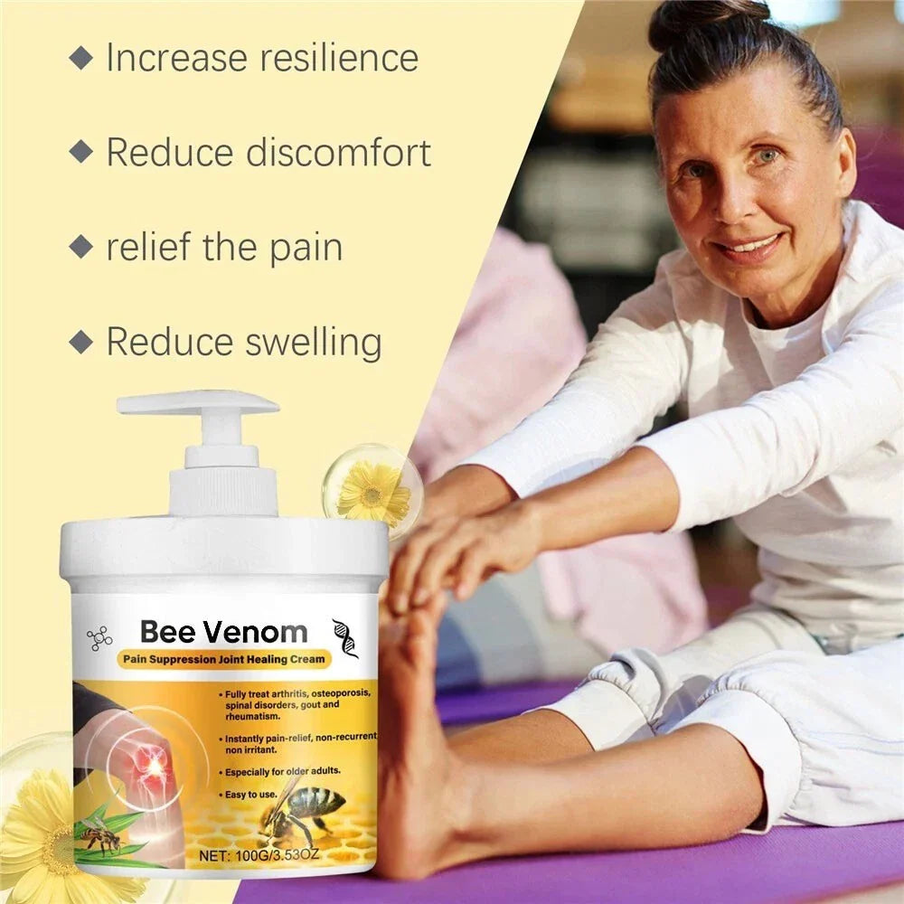 Serenzza bee venom joint pain relief cream for men and women, with natural joint and bone treatment visible in the image.