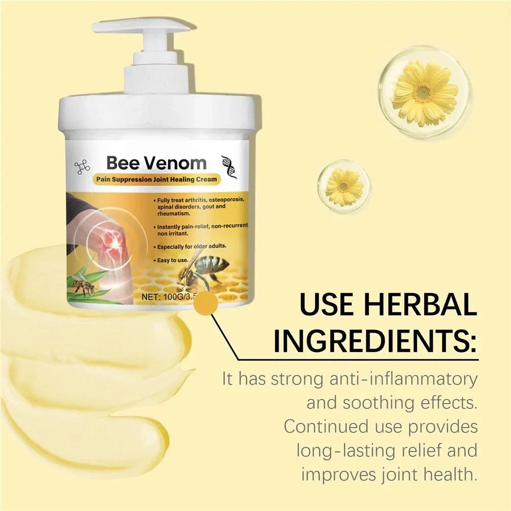 Serenzza bee venom joint pain relief cream showing the tube and application on a person's hand for joint and bone pain treatment.