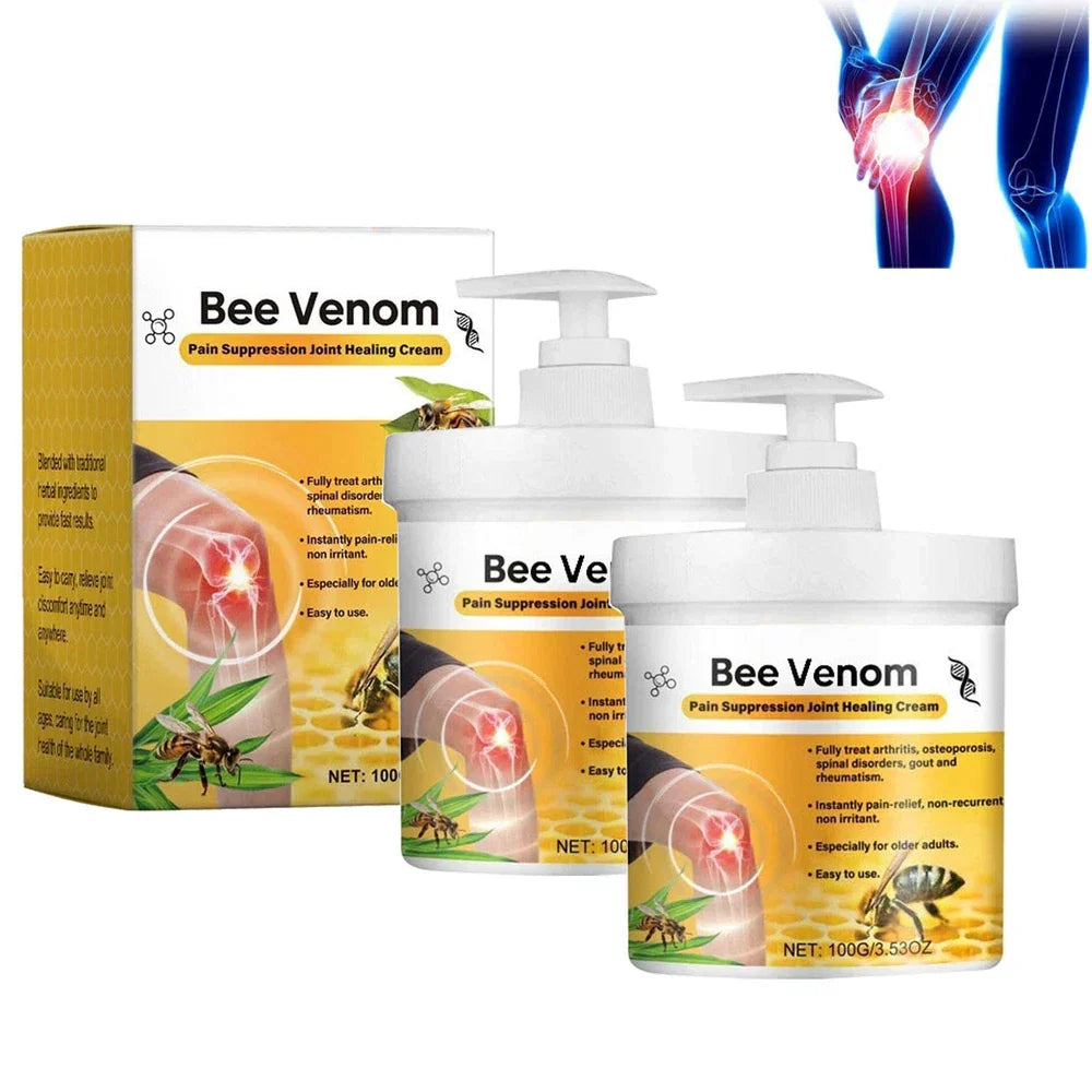 Serenzza bee venom joint pain relief cream for men and women, showing the cream tube with label and herbal ingredients on a white background.