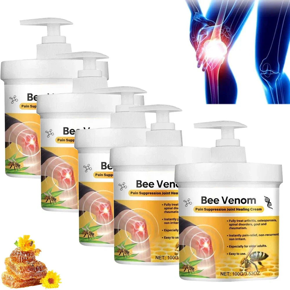 Serenza Bee Venom Joint Pain Relief Cream jar with label, designed for joint and bone pain relief for men and women.