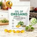 Serenzza Oil of Oregano 300 softgels with black seed oil, featuring 6000mg oregano oil strength in a dietary supplement bottle.