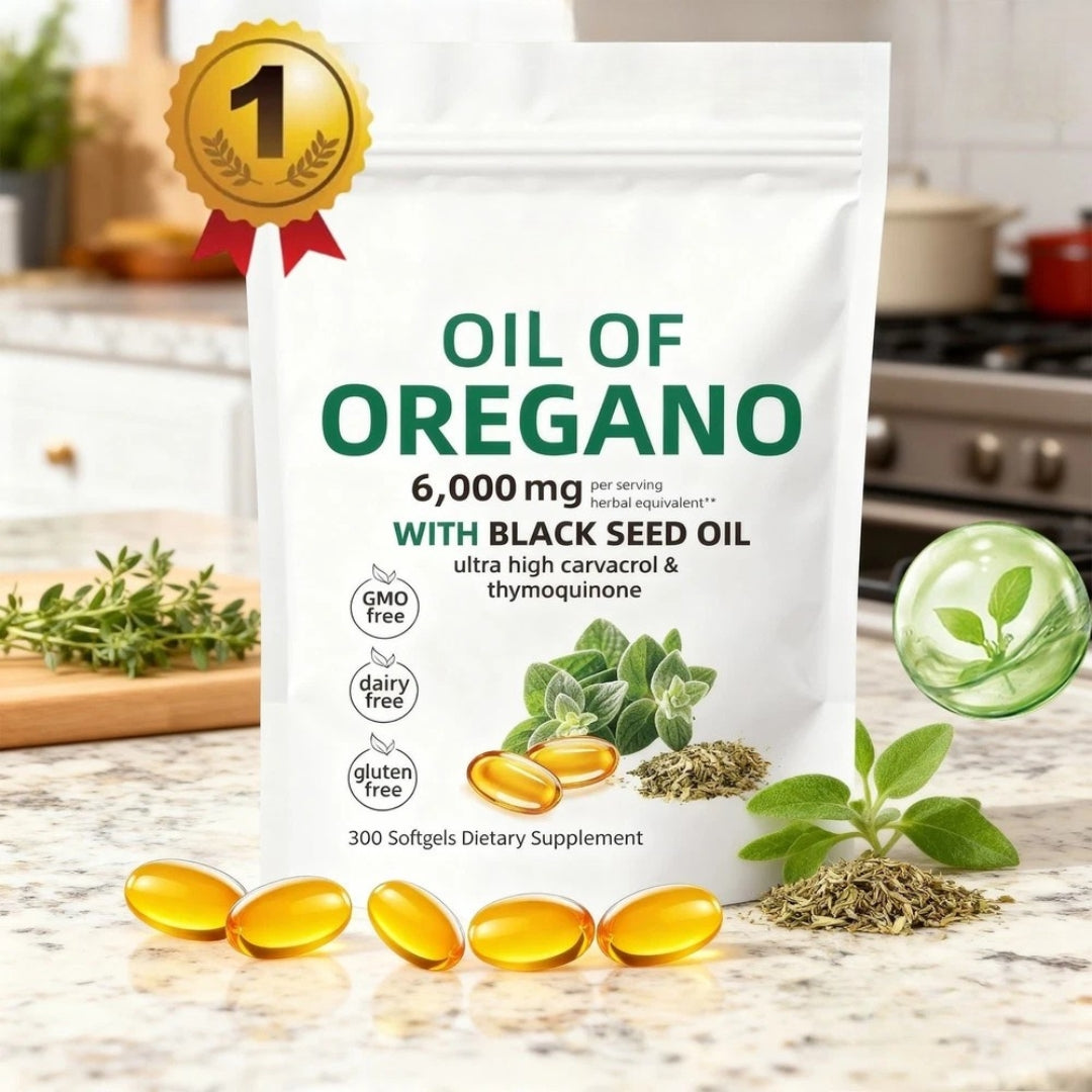 Serenzza Oil of Oregano 300 softgels with black seed oil, featuring 6000mg oregano oil strength in a dietary supplement bottle.