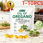 Serenzza Oil of Oregano 300 softgels with black seed oil, 6000mg oregano oil strength, supplement bottle with softgel capsules.