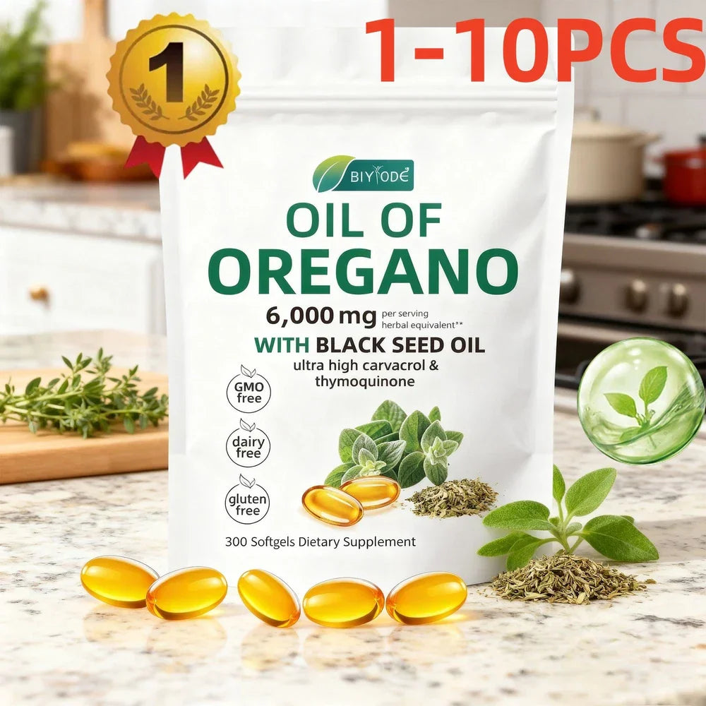 Serenzza Oil of Oregano 300 softgels with black seed oil, 6000mg oregano oil strength, supplement bottle with softgel capsules.
