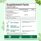 Serenzza Oil of Oregano 300 softgels with black seed oil, 6000mg oregano oil strength, in a clear supplement bottle.