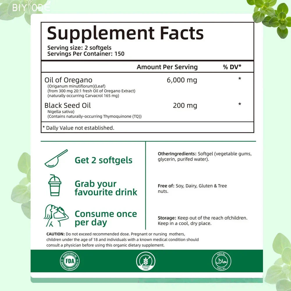 Serenzza Oil of Oregano 300 softgels with black seed oil, 6000mg oregano oil strength, in a clear supplement bottle.