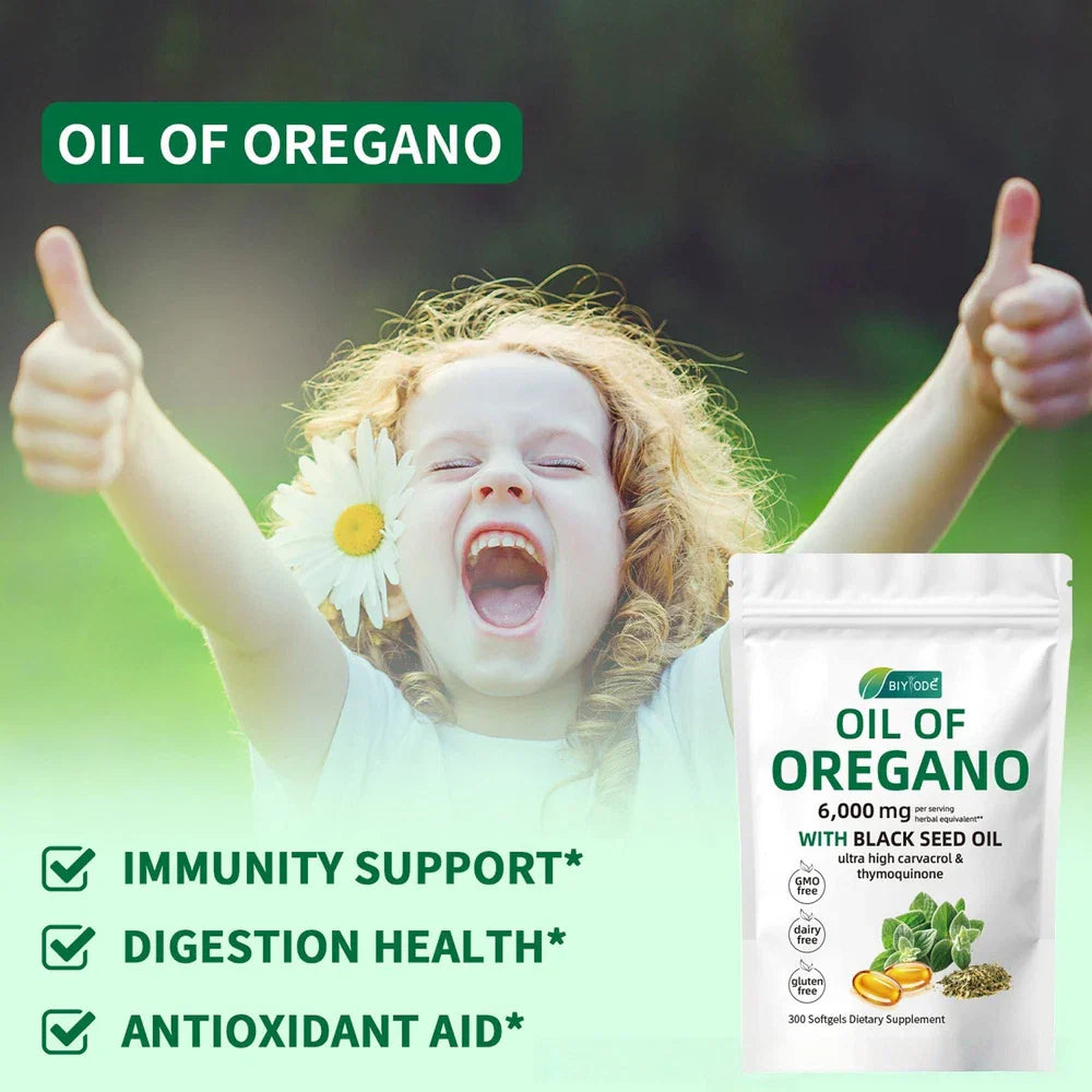Serenzza Oil of Oregano 300 softgels with black seed oil, 6000mg oregano oil strength, in a bottle with softgel capsules