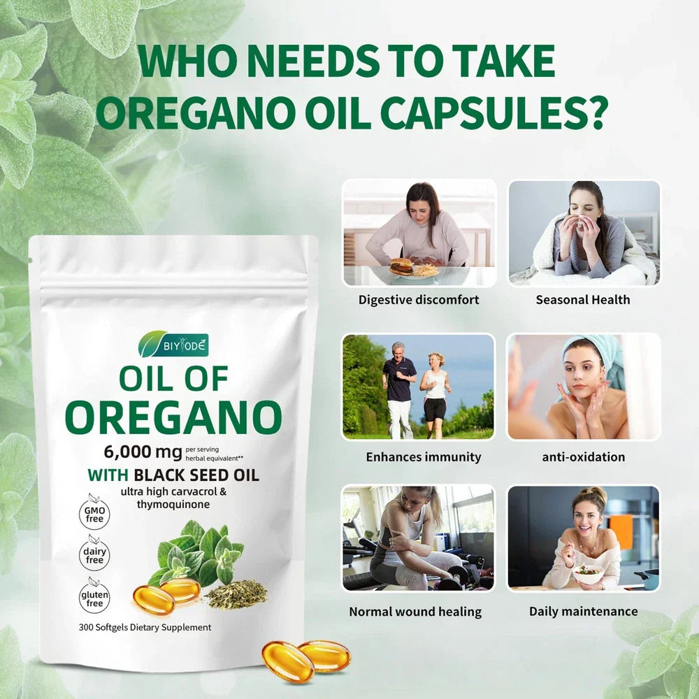 Serenzza Oil of Oregano 300 softgels with black seed oil, showing the softgel capsules and product packaging.
